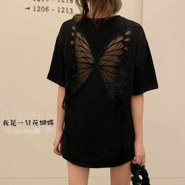 Butterfly Embroidry Hollow Out Casual T-Shirt - Modakawa modakawa