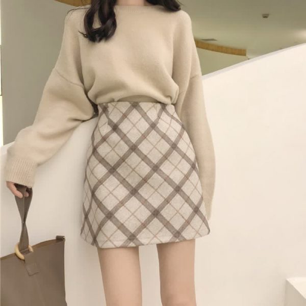 Chic Pure Color Knit Sweater Rhombus Print Skirt Two Piece Set - Modakawa Modakawa