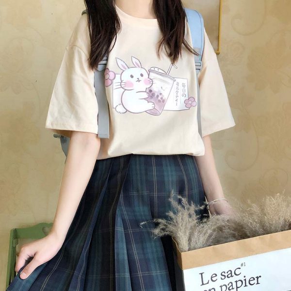 Cartoon Bunny Milk Tea Print Casual T-Shirt - Modakawa modakawa