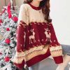 Christmas Reindeer Pattern Colorblock Round Collar Sweater - Modakawa Modakawa