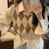 V-neck Rhombus Pattern Colorblock Vest Sweater - Modakawa Modakawa