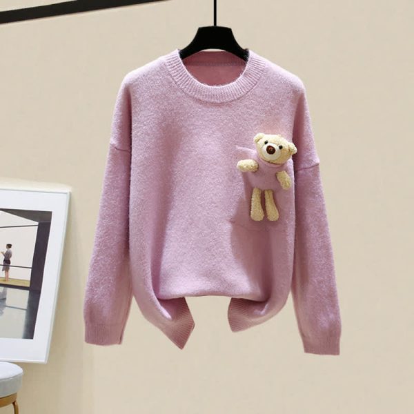 Bear Pocket Loose Pullover Sweater - Modakawa Modakawa