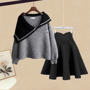 Irregular Sailor Collar Knit Sweater Pleated Skirt Two Pieces Set  - Modakawa modakawa