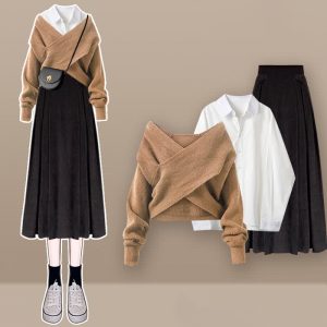 Cross Knit Sweater Lapel Shirt Pleated Skirt Three Pieces Set - Modakawa modakawa