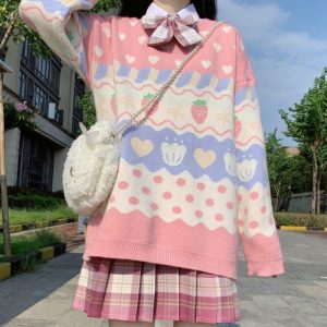 Sweet Strawberry Print Colorblock Casual Sweater - Modakawa modakawa