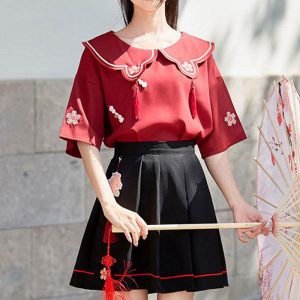 Flower Embroidery Buckle T-Shirt Skirt Set - Modakawa Modakawa