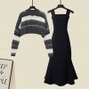Chic Stripe Colorblock Sweater A-line Slip Dress Two Pieces - Modakawa modakawa