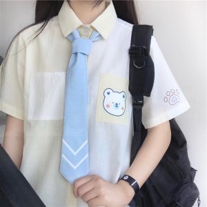 Cartoon Bear Print Colorblock Pocket Tie T-Shirt - Modakawa modakawa