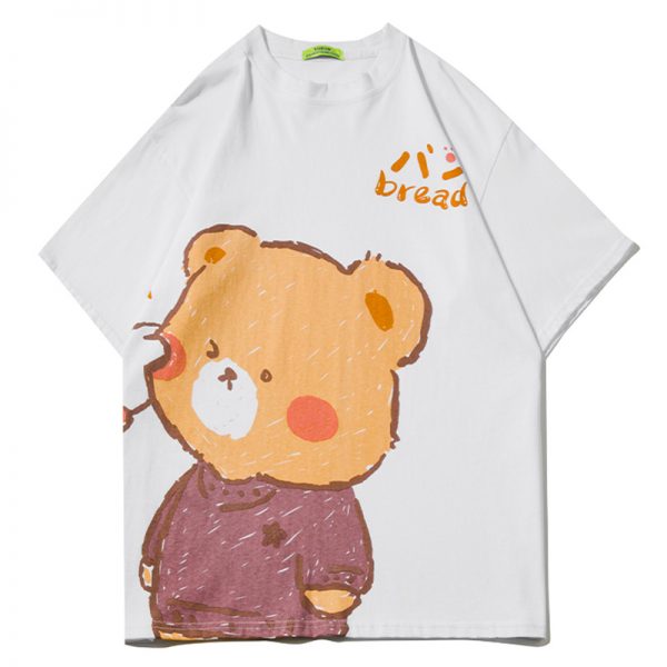 Cartoon Bear Print Round Collar Casual T-Shirt - Modakawa Modakawa