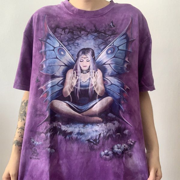 Dragonfly Fairy Print Round Callor T-Shirt - Modakawa modakawa