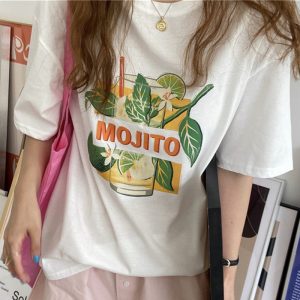 Leaves Drinks Print Round Collar Casual T-Shirt - Modakawa modakawa