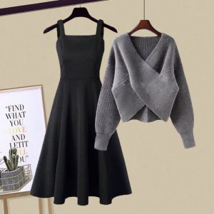 Chic Cross Knit Sweater Slip Dress Two Pieces Set - Modakawa modakawa