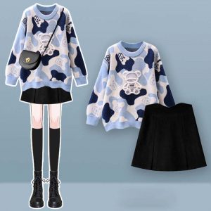 Cartoon Bear Print Sweater Split Skirt Two Pieces Set - Modakawa modakawa