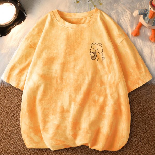 Cartoon Bear Print Tie-Dye T-Shirt - Modakawa modakawa