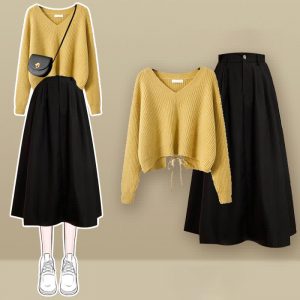 V-neck Lace Up Knit Sweater A-line Skirt Two Pieces - Modakawa modakawa
