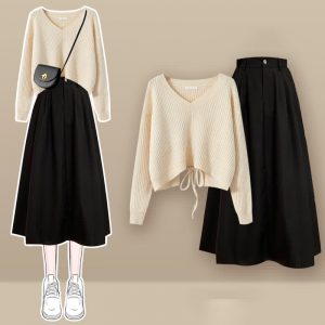 V-neck Lace Up Knit Sweater A-line Skirt Two Pieces - Modakawa modakawa