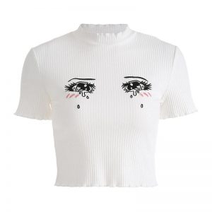 Cartoon Eyes Embroidery Ruffle Crop Top Fit T-Shirt - Modakawa Modakawa