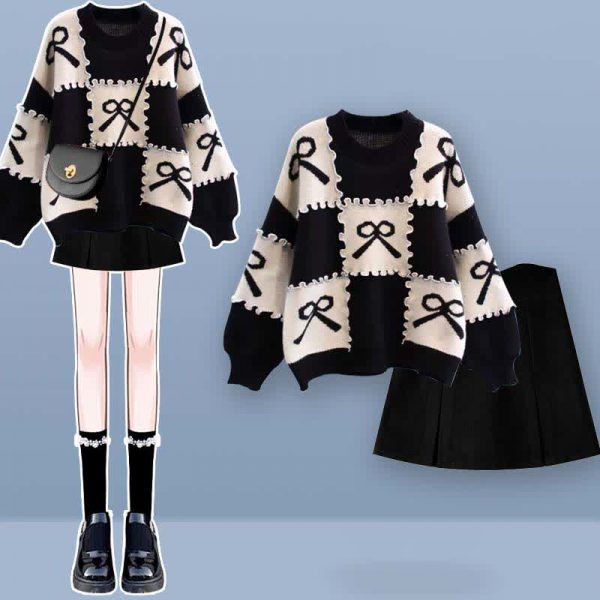 Bow Knot Print Colorblock Sweater Plaid Pleated Skirt Two Pieces Set - Modakawa modakawa