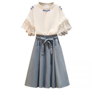 Lace Sleeve Buckle T-Shirt Pocket Skirt Set - Modakawa Modakawa