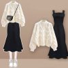Chic Pure Color Knit Sweater Slip Dress Two Pieces Set - Modakawa modakawa