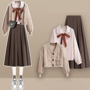 V-neck Cardigan Sweater Bow Tie Shirt Pleated Skirt Three Pieces Set - Modakawa modakawa