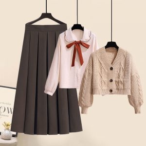 V-neck Cardigan Sweater Bow Tie Shirt Pleated Skirt Three Pieces Set - Modakawa modakawa