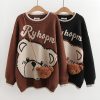 Bear Print Round Collar Sweater With Crossbody Bag - Modakawa modakawa