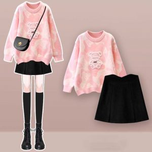 Cartoon Bear Print Sweater Split Skirt Two Pieces Set - Modakawa modakawa