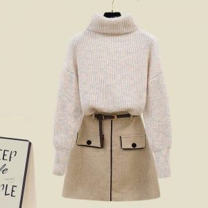Turtleneck Knitted Sweater Belted Skirt Set  - Modakawa Modakawa