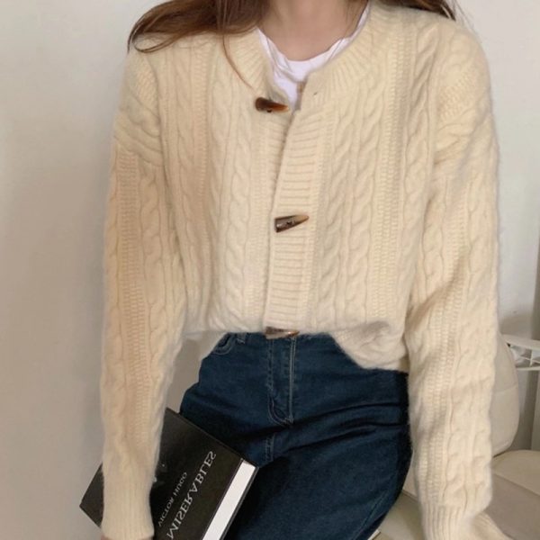 Round Collar Pure Color Cardigan Sweater - Modakawa Modakawa