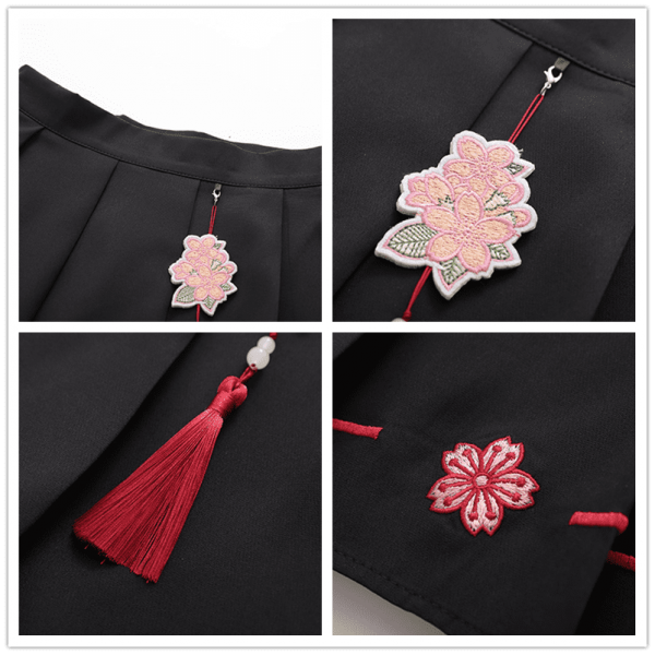 Flower Embroidery Buckle T-Shirt Skirt Set - Modakawa Modakawa