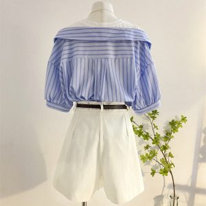 Stripe Fake Two Pieces T-Shirt High Waist Belted Shorts - Modakawa modakawa