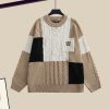Colorblock Cable Knit Sweater Shirt High Waist Denim Pants Three Pieces - Modakawa Modakawa