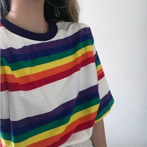 Rainbow Stripe Colorblock Casual T-Shirt  - Modakawa Modakawa