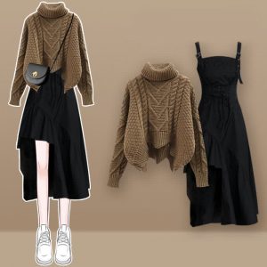 Turtleneck Knit Sweater Lace Up Irregular Slip Dress Two Pieces Set - Modakawa modakawa