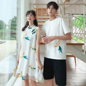 Girlfriend Boyfriend Vintage Crane Embroidery Buckle Dress T-Shirt Shorts Set - Modakawa modakawa