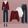 V-neck Cardigan Sweater Lapel Shirt Denim Pants Three Pieces Set - Modakawa modakawa