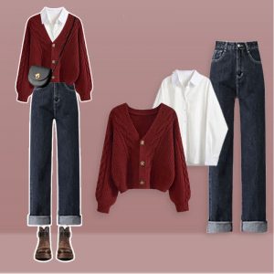 V-neck Cardigan Sweater Lapel Shirt Denim Pants Three Pieces Set - Modakawa modakawa