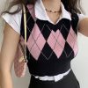 V-neck Rhombus Pattern Colorblock Vest Sweater - Modakawa Modakawa