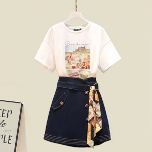 Chic Letter Print T-Shirt Lace Up Skirt Two Pieces Set - Modakawa Modakawa