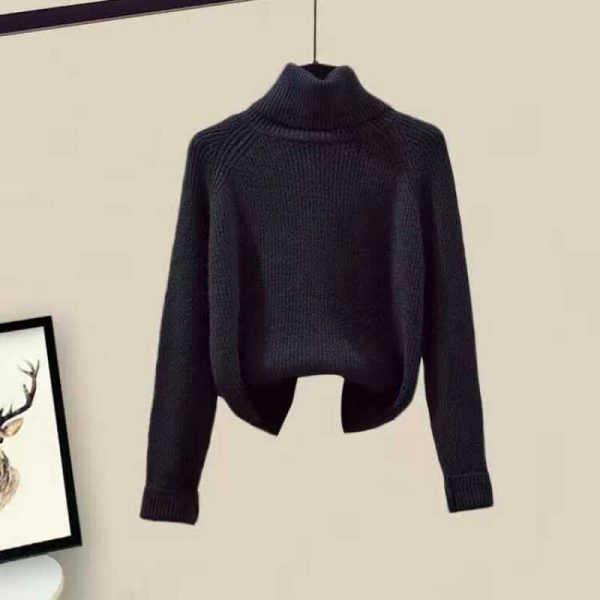Fleece Pocket Coat Turtleneck Sweater Plush Pants Three Pieces Set - Modakawa modakawa