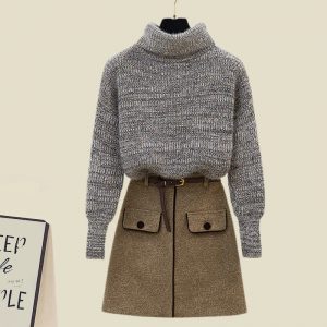 Turtleneck Knitted Sweater Belted Skirt Set  - Modakawa Modakawa