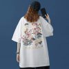Vintage Crane Blossom Print Round Collar Casual T-Shirt - Modakawa modakawa