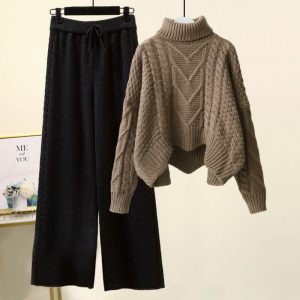 Chic Pure Color Cable Sweater Wide Leg Pants Two Pieces - Modakawa modakawa