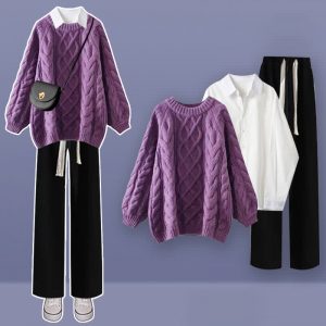 Cable Round Collar Sweater Lapel Shirt Pants Three Pieces Set - Modakawa modakawa