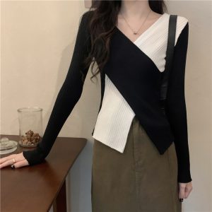 Irregular V-neck Cross Colorblock Knit Slim Sweater Top - Modakawa Modakawa