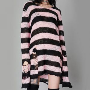 Casual Striped Colorblock Hole Ripped Long Sweater - Modakawa modakawa