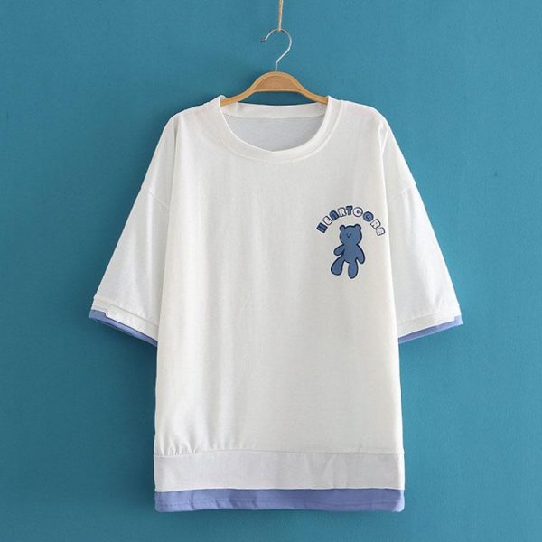 Bear Letter Print Fake Two-Piece T-Shirt - Modakawa Modakawa