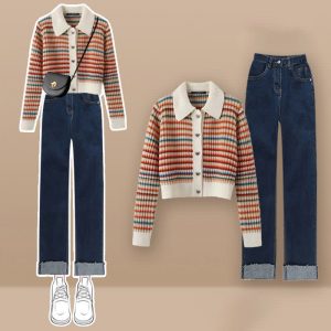 Colorblock Stripe Rainbow Cardigan Sweater Casual Pants Two Pieces - Modakawa modakawa