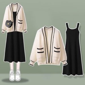 Chic Pockets Cardigan Sweater Slip Dress Two Pieces Set - Modakawa modakawa